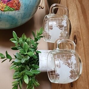 2 Vintage Nescafe Nestlé world map globe clear glass coffee mugs